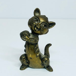 Vintage Italian Brass Cat Holding a Ball of Yarn Figurine