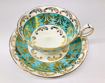 Vintage Royal Grafton Turquoise Teacup and Saucer: Gold Gilded England