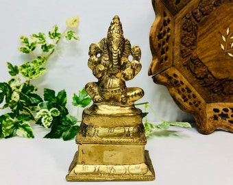 Vintage Brass Ganesha Statue Hand Painted Gold Brass Ganesh Figurine Hinduism Elephant God