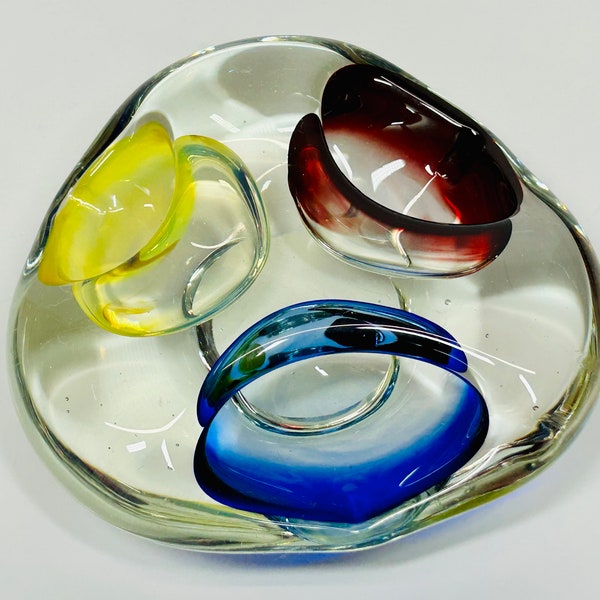 Vintage Murano Glass Tricolor Art Glass Ashtray Blue Yellow Red