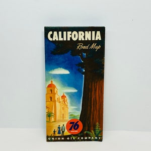 Vintage 1950 California Road Map Foldout Old Mission Santa Barbara Union 76 Oil Company