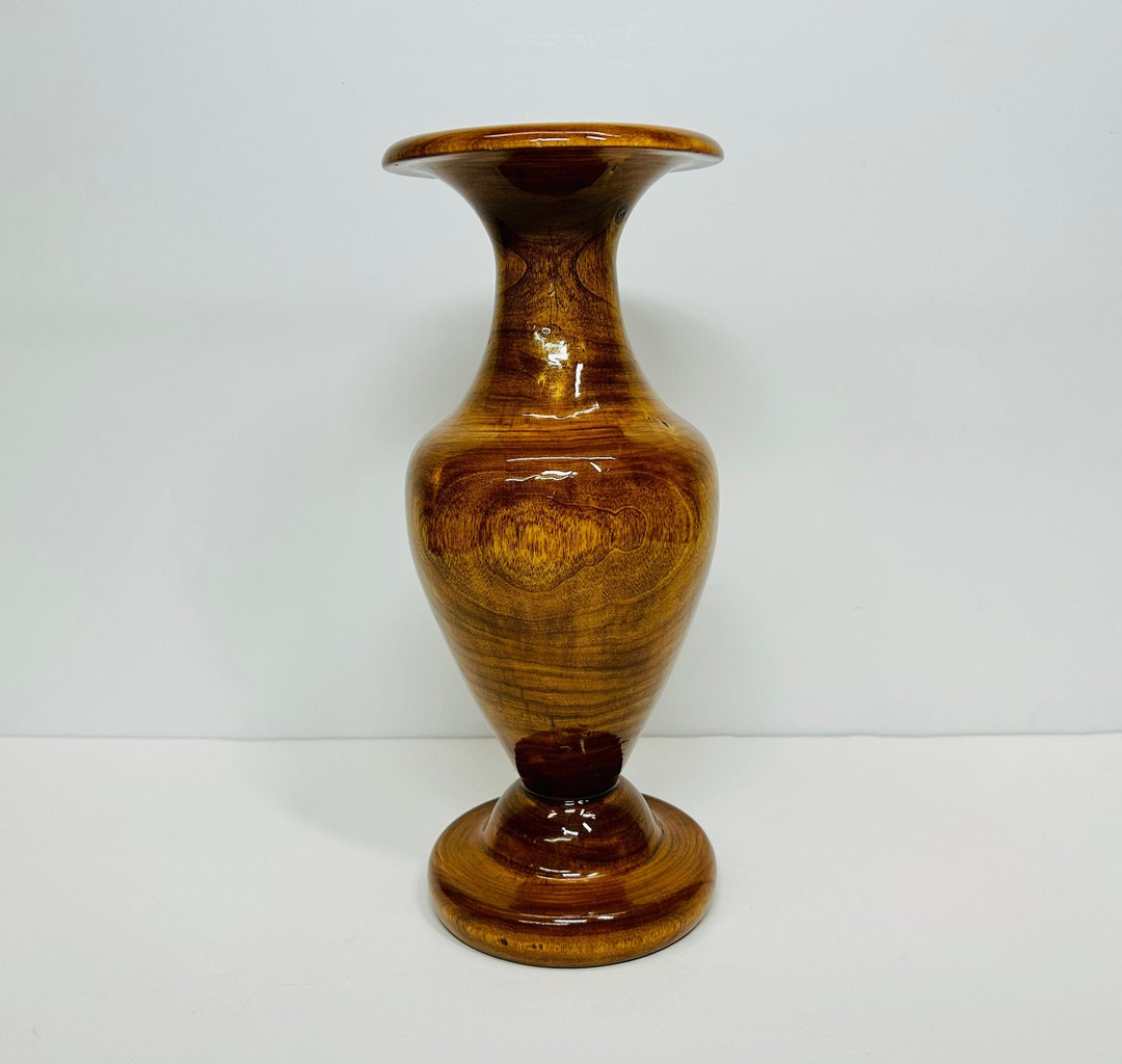 Vintage Turned Wood Vase Signed by Artist High Gloss Rustic Boho