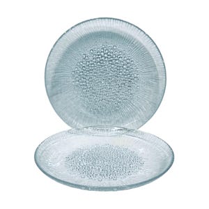 May include: Two clear glass plates with a textured, bubble-like pattern in the center. The plates have a radial design emanating from the center. The plates are a light blue color and are set against a white background.