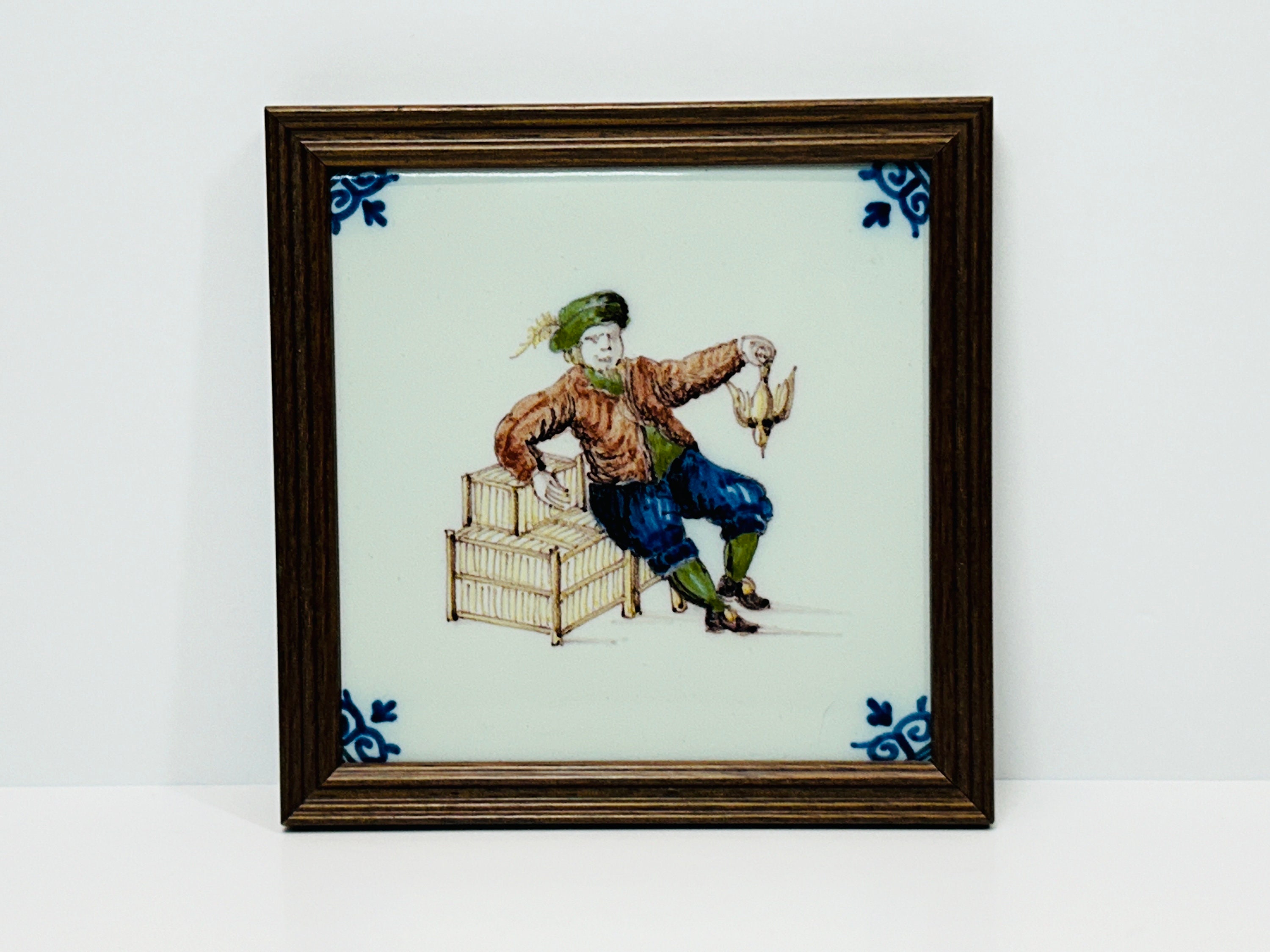Vintage Polychrome Dutch Tile In Wood Frame Bird Seller Hand Painted Holland Souvenir