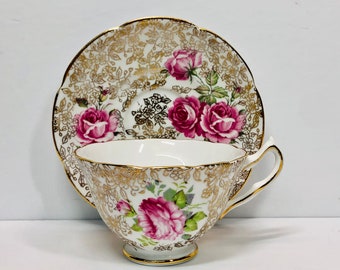 Vintage Gold Chintz Pink Cabbage Rose Teacup and Saucer by Collingwood Pattern 417 Made in England