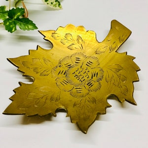 Vintage Etched Brass Maple Leaf Trinket Dish Bohemian Decor Catch All Dish Floral Etching Made in  India