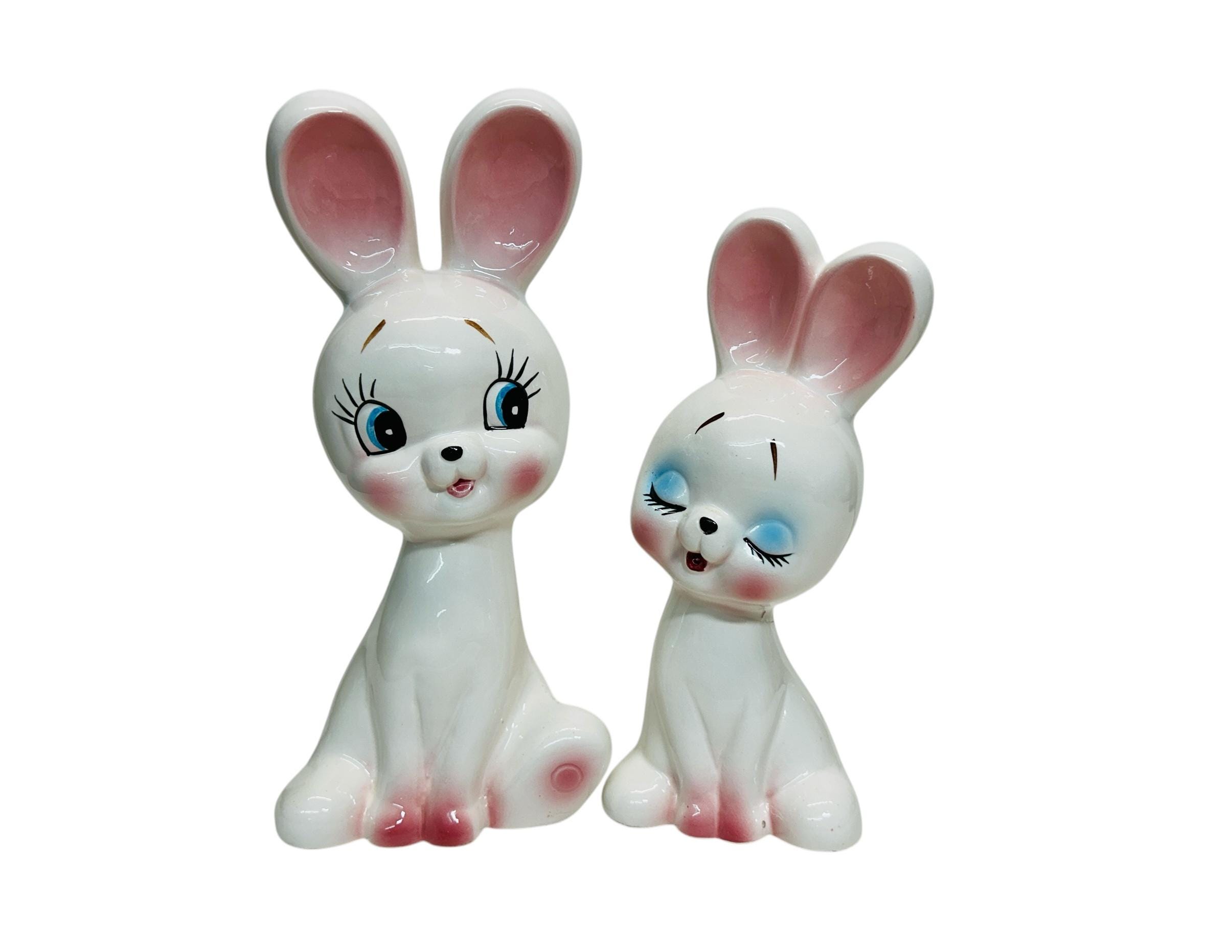 Vintage Ceramic Rabbits Bunnies Pair Banks Lapin Ficelle