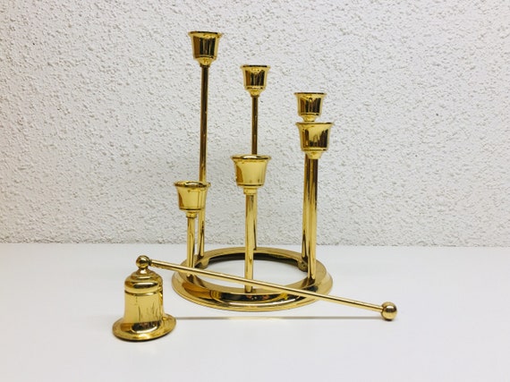 Vintage Brass Graduated Candlesticks With Candle Snuffer, Round