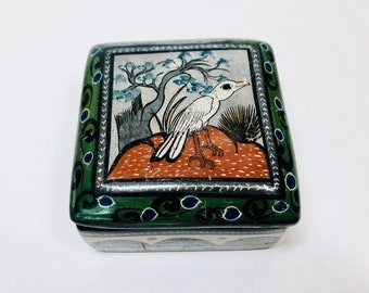 Vintage Tonala Pottery Box: Signed Mexican Trinket Box with Bird Motif