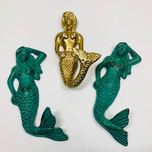 Set of Three Mermaid Cast Iron Wall Hooks Tropical Décor Modern Cast Metal Hooks