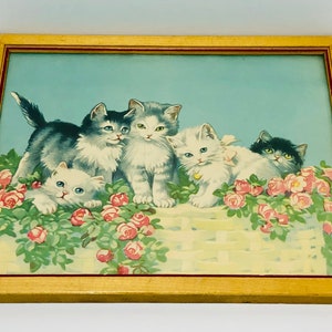 Vintage Framed Cats Five Kittens Lithograph Print Litho circa 1920s Art Deco Era Wall Art image 4