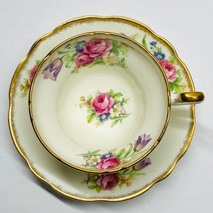 Vintage Foley China Foley Tulip Pale Yellow Teacup and Saucer Pink Cabbage Roses Bone China Made in England