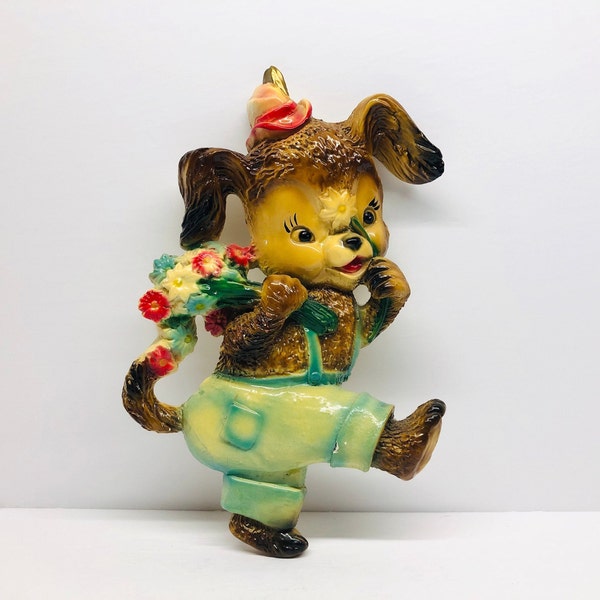 Vintage Anthropomorphic Dog Chalkware Wall Hanging 10 Inches Tall Vintage Chalkware Dog with Flowers Cute Kitschy Dog