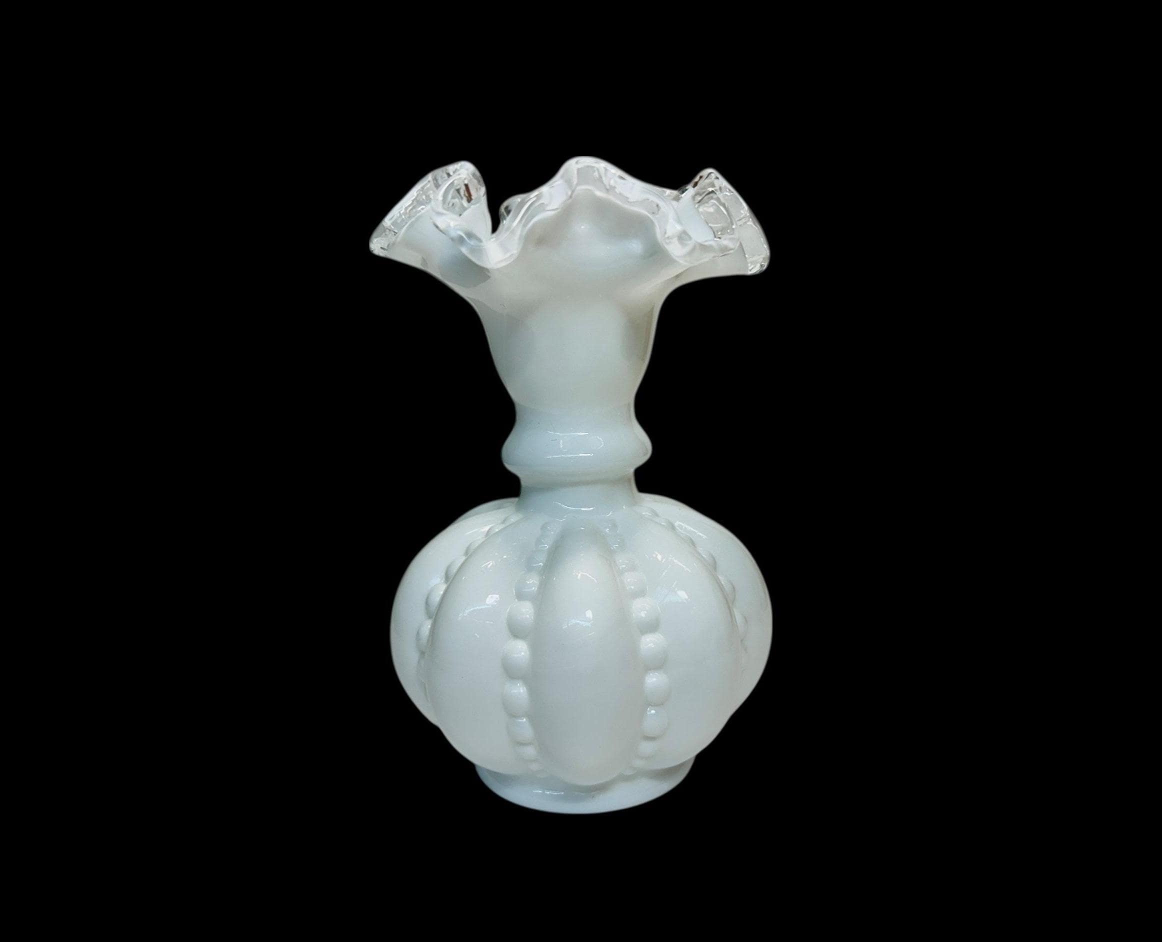 Vintage Fenton Glass Silver Crest Beaded Melon Vase Ruffled Edge