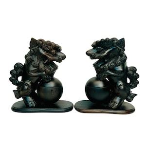Vintage Pair of Wooden Foo Dogs Incense Burner Sculpture Figurine Pair Hand Carved Statues Guardian Lions