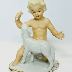 Vintage Porcelain Schaubach Kunst Boy Playing with Lamb Figurine Wallendorf Cherub Putto Germany AS IS image 2