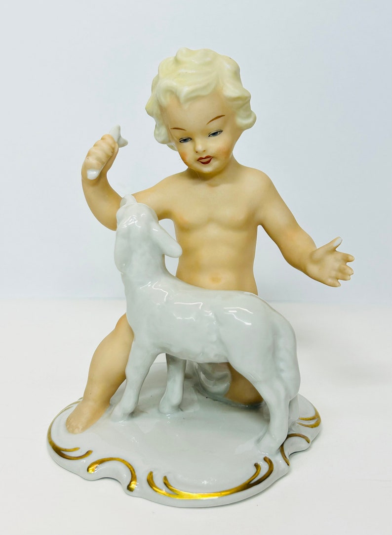 Vintage Porcelain Schaubach Kunst Boy Playing with Lamb Figurine Wallendorf Cherub Putto Germany AS IS image 2