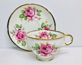 Vintage Large Pink Cabbage Roses Adderley Teacup and Saucer Set Thick Gold Trim