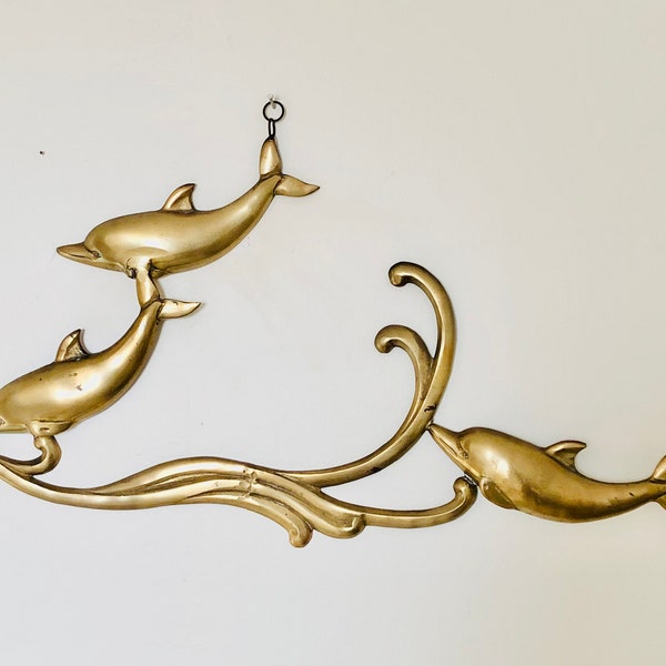 Vintage LARGE Brass Swimming Dolphins and Waves Wall Hanging Mid Century Décor Nautical Beach Tropical Decor