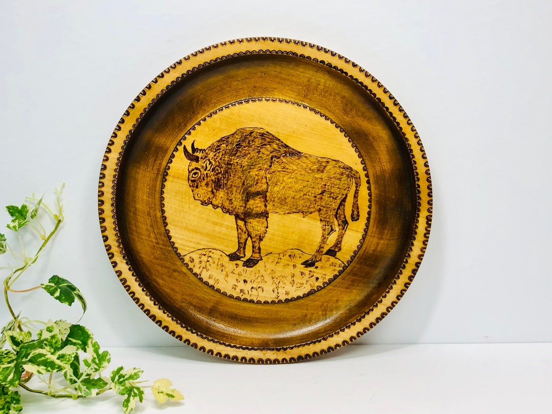 Vintage Polish Wood Burning Art Mountain Goat Wall Plate Pyrography Mid ...