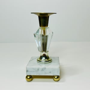 Vintage Brass and Lucite Candle Holder on Italian Marble Base Hollywood Regency