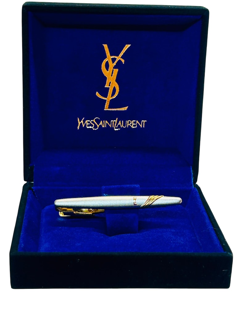 Vintage Yves Saint Laurent Tie Clip YSL in Box Silver Gold Tone - Etsy