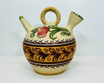 Vintage Signed Spanish Botijo Gargoulette Pottery Hand Painted Water Wine Jug