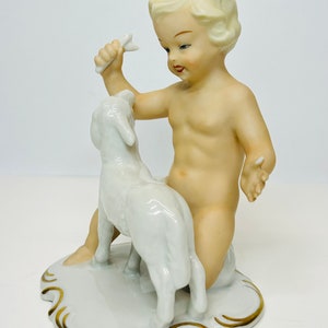 Vintage Porcelain Schaubach Kunst Boy Playing with Lamb Figurine Wallendorf Cherub Putto Germany AS IS image 3