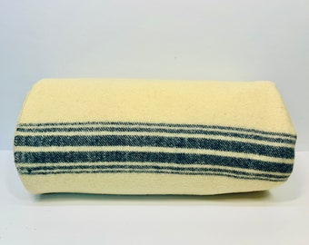 Vintage Wool Blanket Cream Blue Stripes 78 x 66 Inches Country Chic Cabin Mid Century Throw Retro Décor