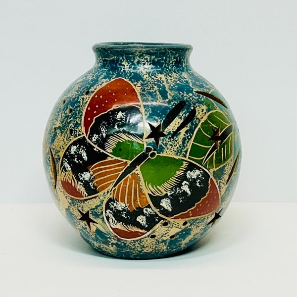 Vintage Costa Rica Pottery Votive Candle Holder Butterfly Sea Turtle Flowers Pierced Folk Art Pottery