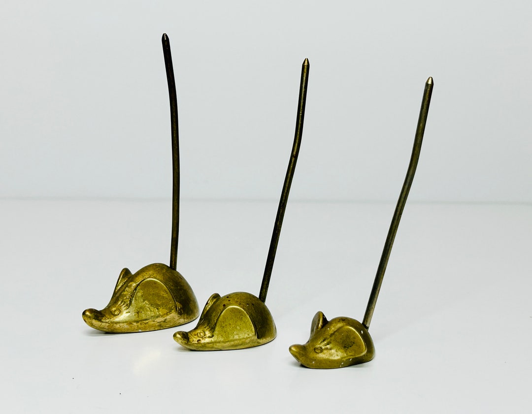 Vintage Set of 3 Brass Mice Spikes Ring Holders Memo Receipt Note