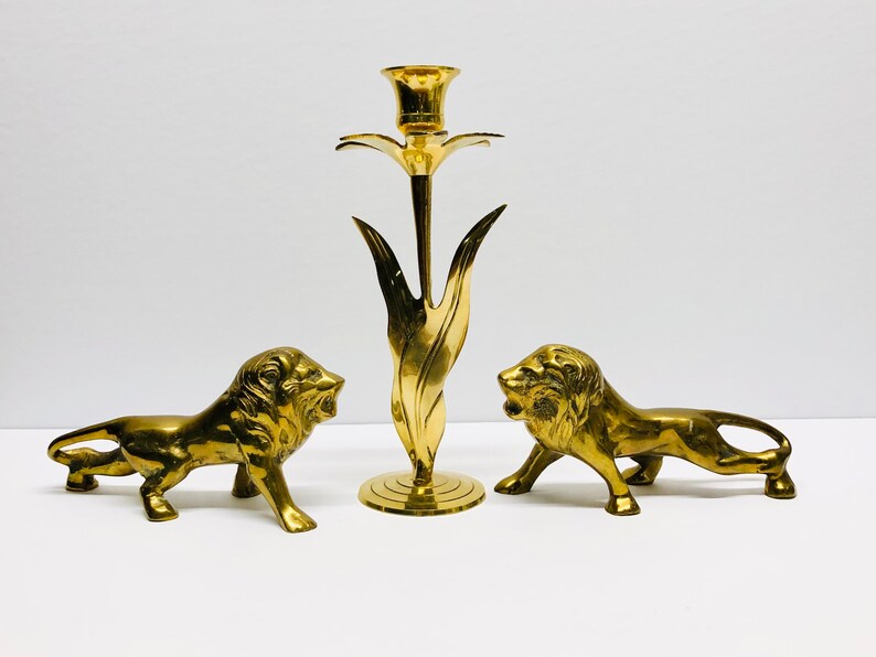 Mid Century Pair of Brass Lion Figurines Solid Brass Gold Lions Mid Century Hollywood Regency D\u00e9cor