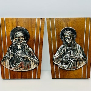 Vintage Pair of Jesus and Mary Sacred Heart Wall Hanging Wood and Silver Metal Religious Catholic Christianity