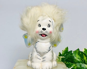 ビンテージ フィギュリン 犬 ママ&パピー Vintage Ceramic Dog With Fur and Big Bow RARE Japan Furry
