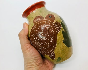 Vintage Costa Rica Art Pottery Vase Turtles Folk Art Pottery Boho Bohemian Decor