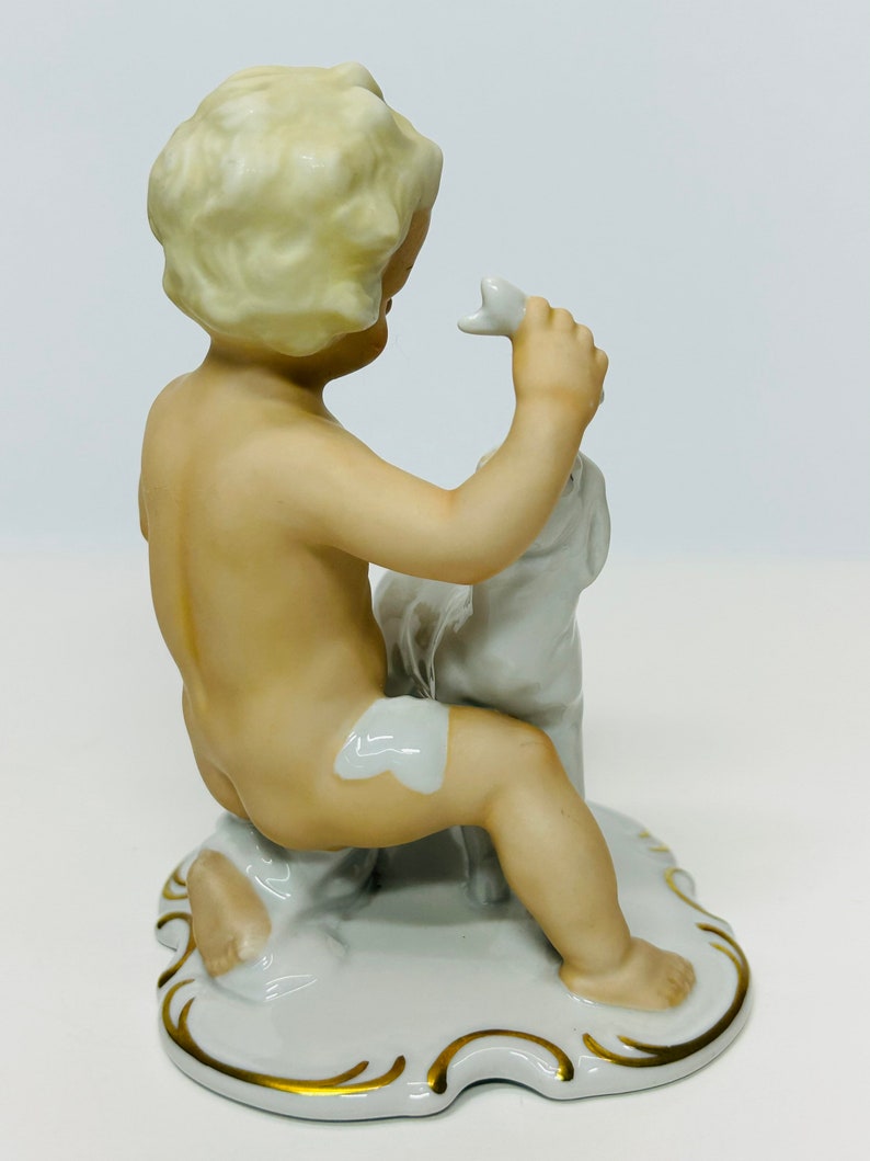 Vintage Porcelain Schaubach Kunst Boy Playing with Lamb Figurine Wallendorf Cherub Putto Germany AS IS image 6