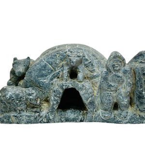 Signed Inuit Soapstone Carving Igloo Eskimos Polar Bears Sculpture First Nations Canadian Art