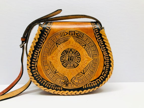 Vintage Tooled Leather Boho Purse Mayan Calendar M