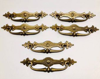 Antique Brass Drawer Pull Set of 6 Art Deco Keebler Brass Co. Salvaged Brass Hardware Cabinet Drawer Pull 8 3/4" Long