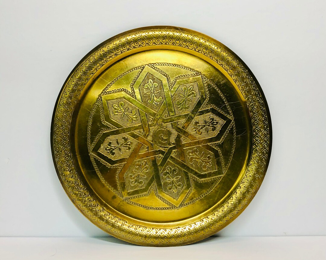 Vintage Etched Brass Plate Wall Hanging Geometric Cross Design Boho