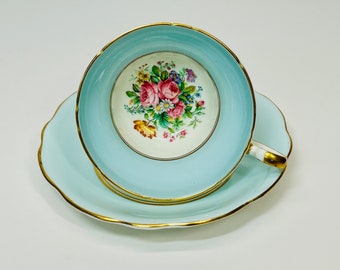 Vintage EB Foley Pale Blue Teacup and Saucer 2853 Flower Bouquet Center Bone China Made in England