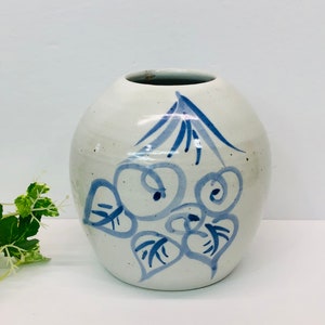 Vintage Stoneware Pottery Vase Blue Flowers Mid Century Boho Bohemian Decor