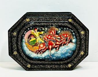 Vintage Russian Palekh Hand Painted Black Lacquer Box With Red