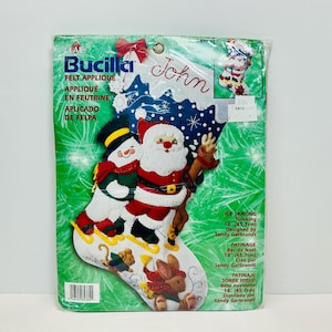 Bucilla Plaid Kit 84384 Christmas Stockings Craft Kit Ice Skating Santa and Frosty the Snowman 2001 SEALED UNUSED