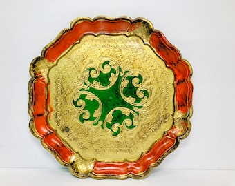 Vintage MAF Italian Florentine Tray Orange Green Gold Hollywood Regency Decor 10"