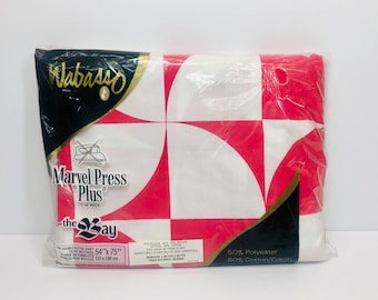 May include: A red and white fitted sheet with a geometric pattern. The sheet is packaged in plastic and labeled "Wabasso Marvel Press "Plus" the Bay". The sheet is 54 inches by 75 inches and is made of 50% polyester and 50% cotton.