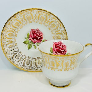 Vintage Paragon Pink Cabbage Roses White and Gold Teacup and Saucer Heavy Gold Gilt