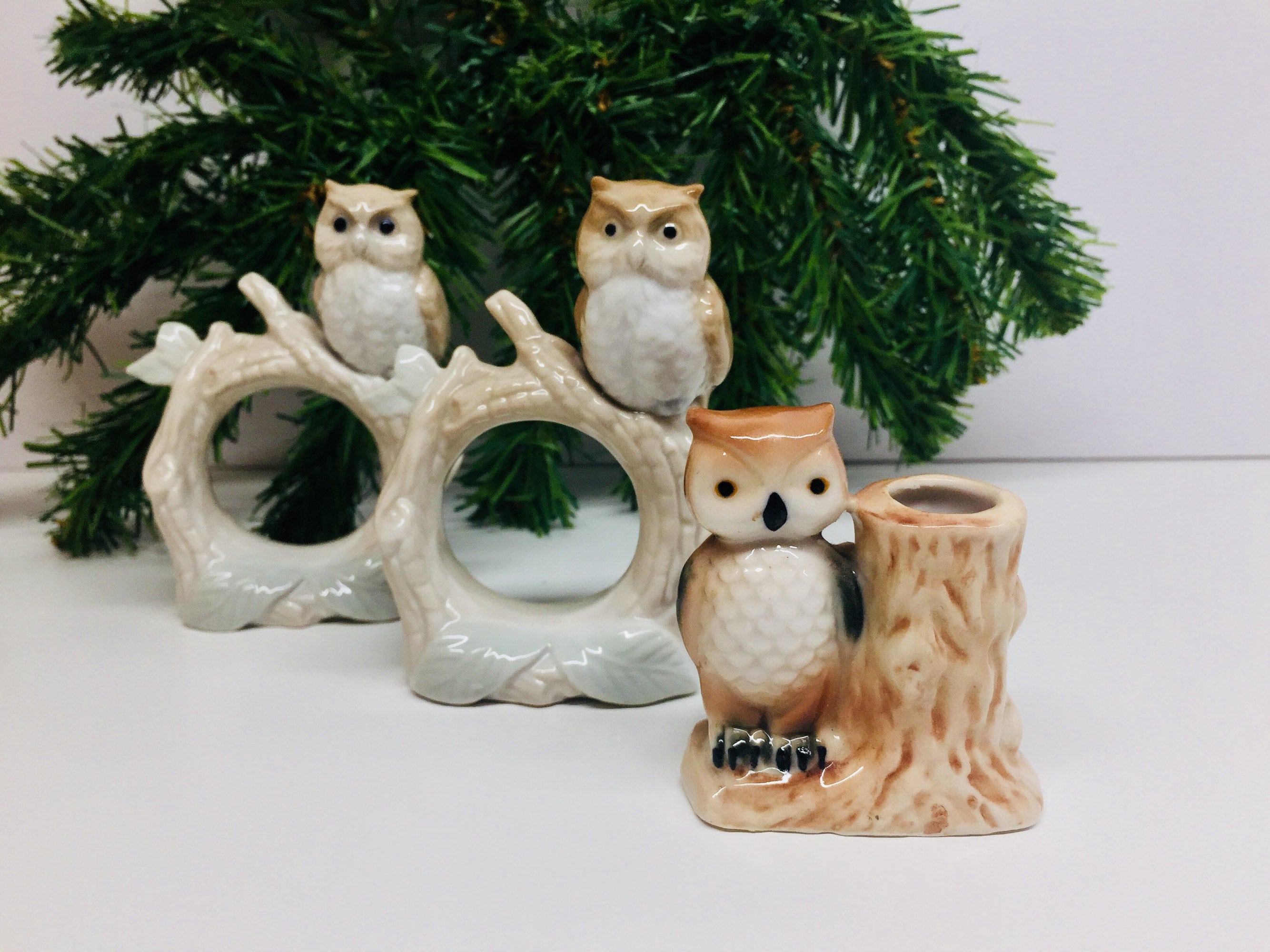 Vintage Otagiri Porcelain Owl Napkin Rings and Toothpick Holder