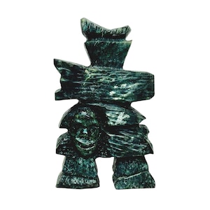 Vintage Signed Inuit Soapstone Inukshuk with Face Sculpture 6 3/4&quot; Marked with Inuktitut Letters Canadian Art
