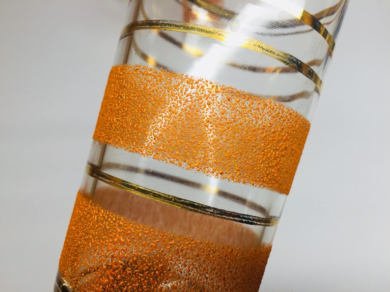 Mid Century Textured Orange Glass Tumblers Heavy Bottom Orange and Gold Stripes